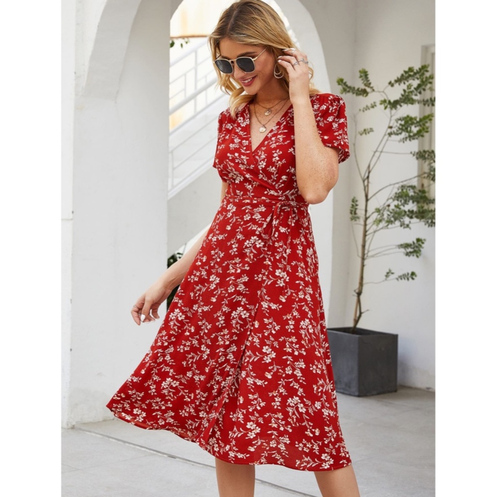 COPY - Red Floral Wrap Midi Dress